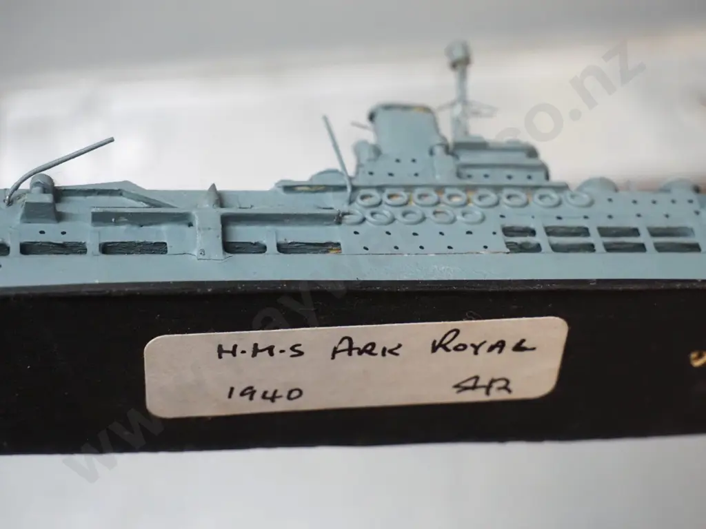 5 small naval ship models and a dry dock: wood and plastic Ark Royal 1940 L200, cast metal aircraft carrier Colossus etc Image 1++