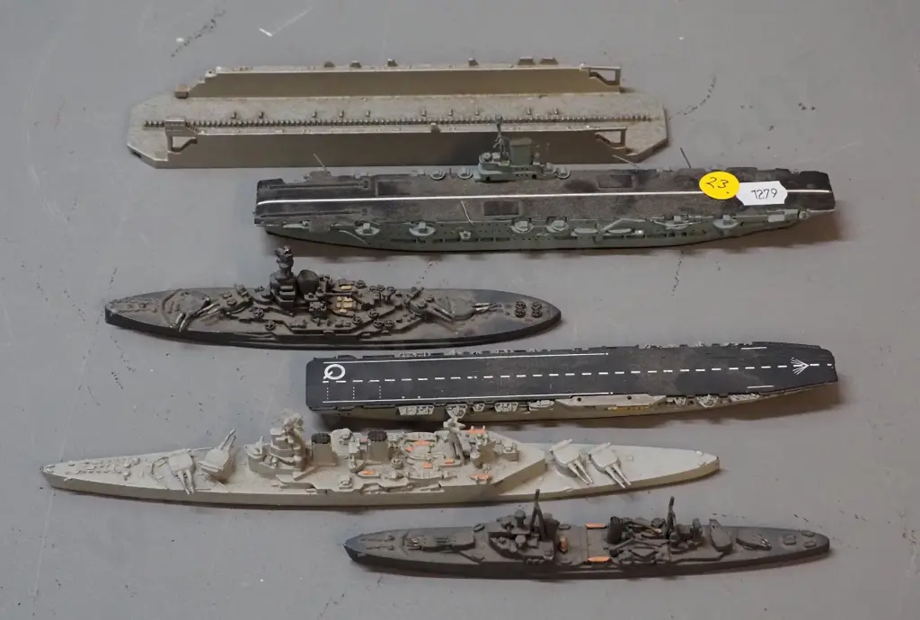 5 small naval ship models and a dry dock: wood and plastic Ark Royal 1940 L200, cast metal aircraft carrier Colossus etc Image 1++