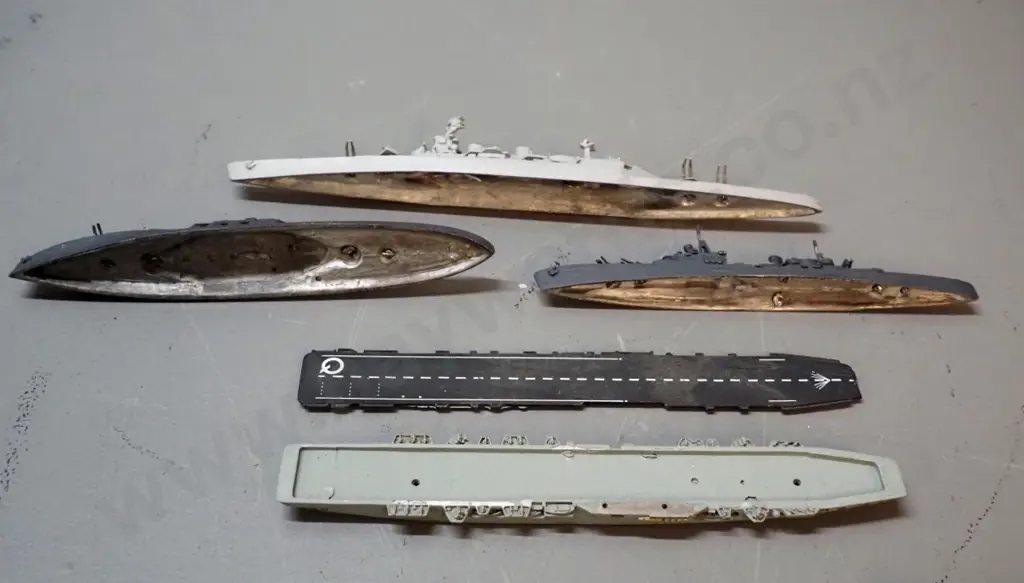 5 small naval ship models and a dry dock: wood and plastic Ark Royal 1940 L200, cast metal aircraft carrier Colossus etc Image 1++