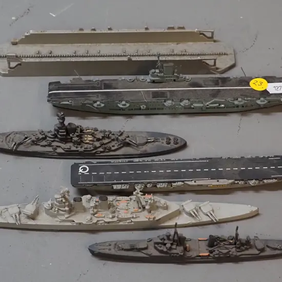 5 small naval ship models and a dry dock: wood and plastic Ark Royal 1940 L200, cast metal aircraft carrier Colossus etc