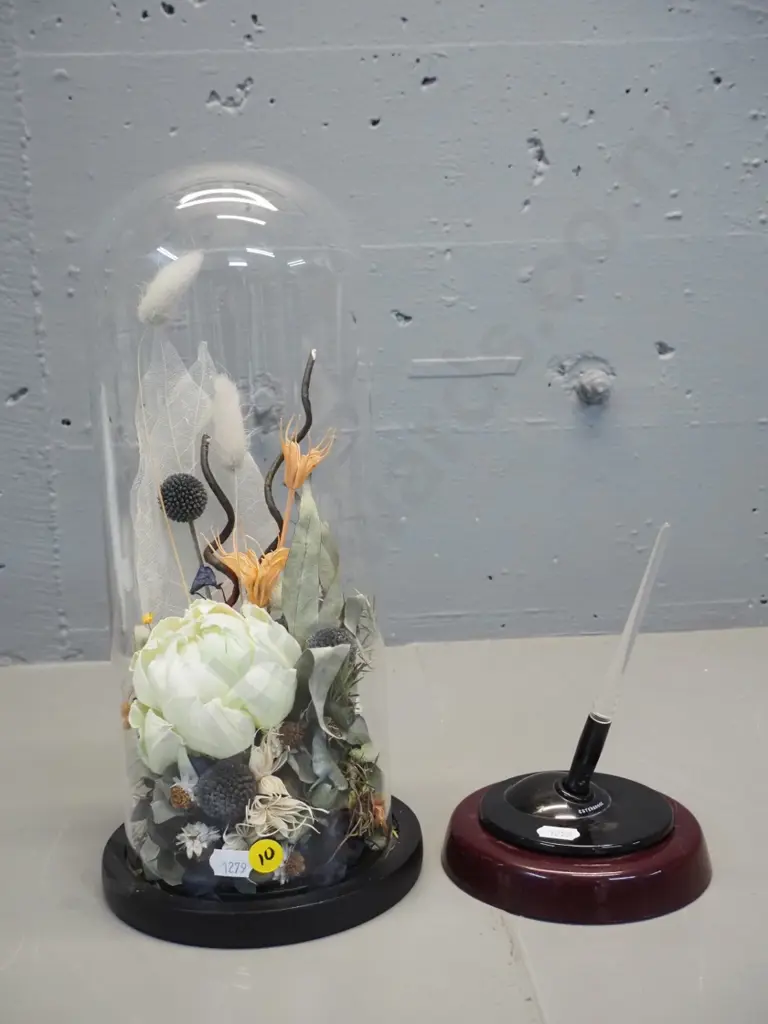 Esterbrook dipless inkwell set and pen D-120 & glass display dome w/artificial flowers H-320 Image 1++
