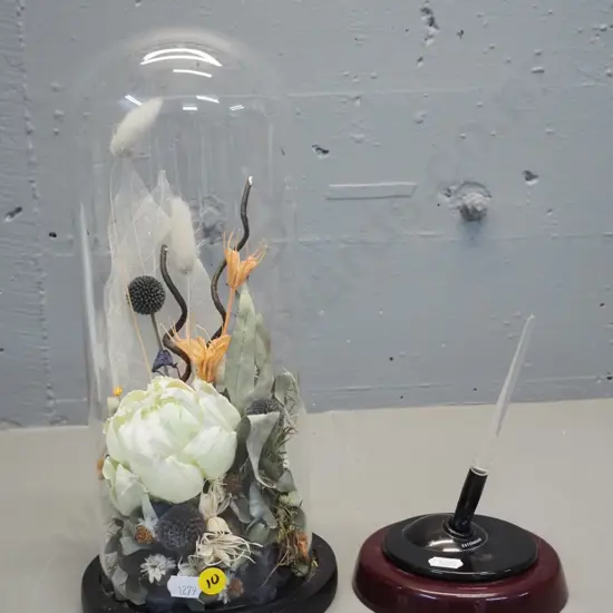 Esterbrook dipless inkwell set and pen D-120 & glass display dome w/artificial flowers H-320