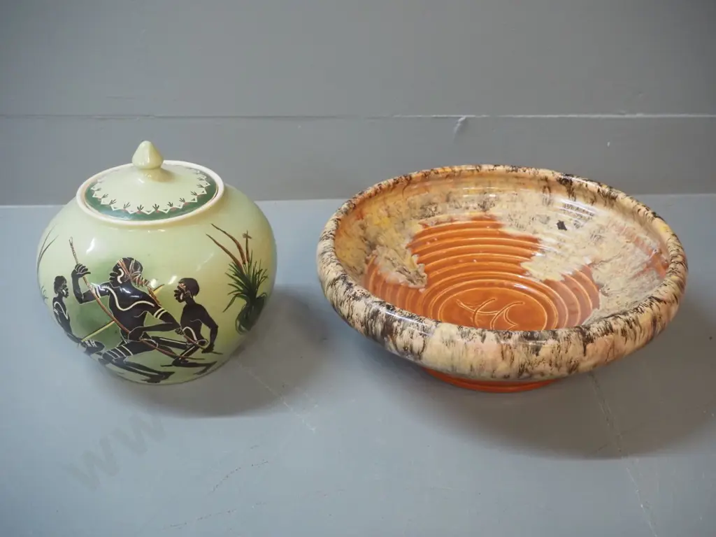 2 studio pottery items - Martin Boyd aboriginal scene cover pot H-180 and a fruit bowl marked hand-thrown (NZ?) D-270 Image 1++