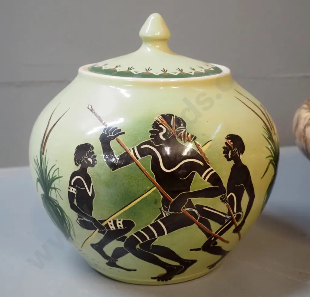 2 studio pottery items - Martin Boyd aboriginal scene cover pot H-180 and a fruit bowl marked hand-thrown (NZ?) D-270 Image 1++
