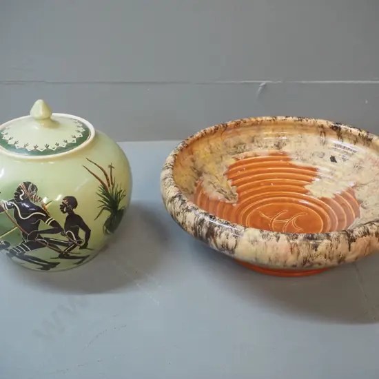 2 studio pottery items - Martin Boyd aboriginal scene cover pot H-180 and a fruit bowl marked hand-thrown (NZ?) D-270