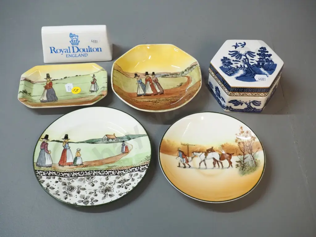 5 pieces Royal Doulton plus a china advertising sign. Real Old Willow trinket, hunting saucer, 3 French Breton ladies Image 1++