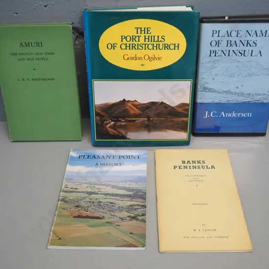 5 books - Banks Peninsula, Pleasant Point, Christchurch, Amuri - 2 signed by author (see photos)