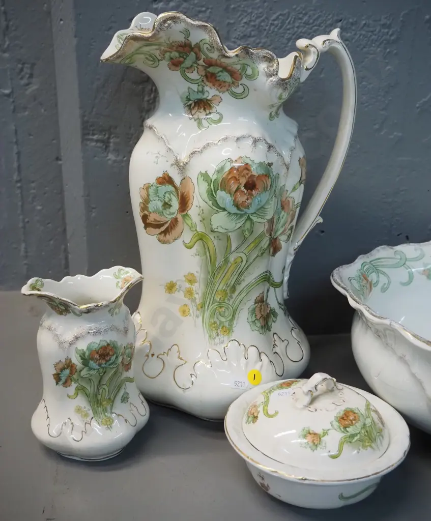 vintage 4-piece wash set - some staining & wear to decoration on bowl,crack to soap lid. Jug is H370 Bowl D400 Image 1++