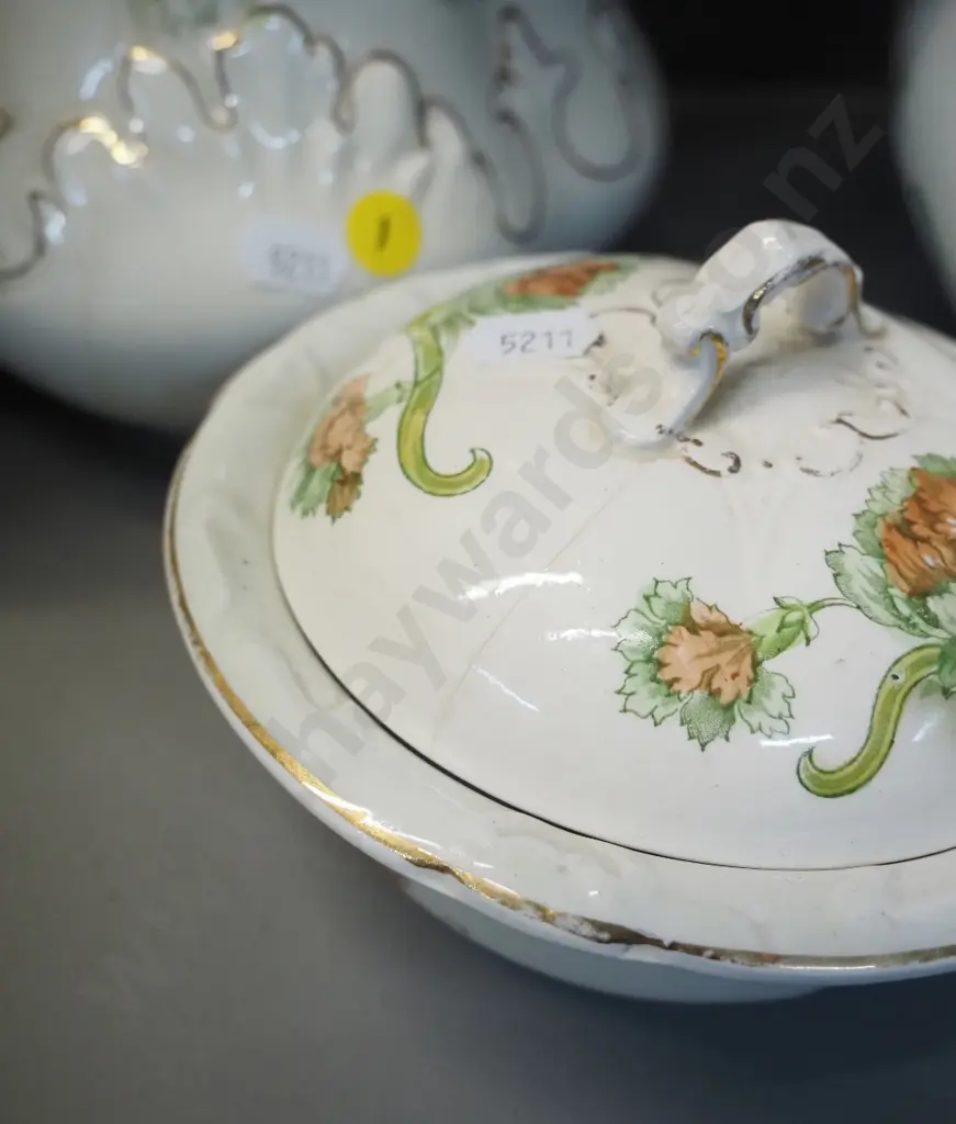 vintage 4-piece wash set - some staining & wear to decoration on bowl,crack to soap lid. Jug is H370 Bowl D400 Image 1++