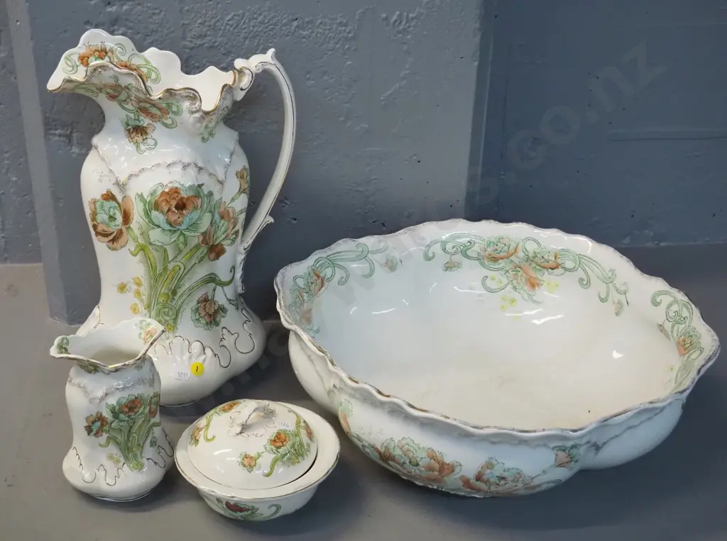 vintage 4-piece wash set - some staining & wear to decoration on bowl,crack to soap lid. Jug is H370 Bowl D400 Image 1++