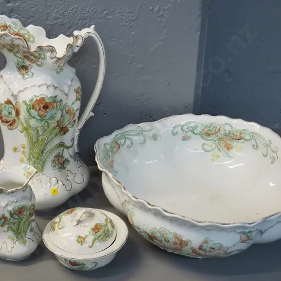 vintage 4-piece wash set - some staining & wear to decoration on bowl,crack to soap lid. Jug is H370 Bowl D400