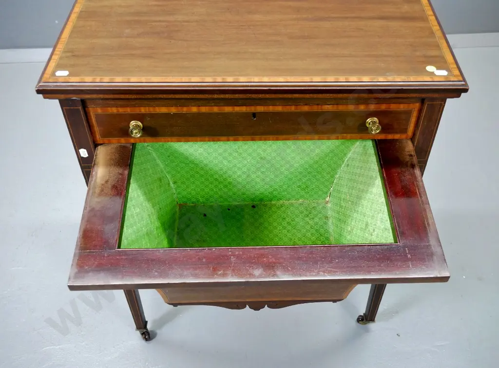 antique flip-top mahogany & banded inlay games table with drawer, baize lined top and slide-out storage bin H740 W610 Image 1++