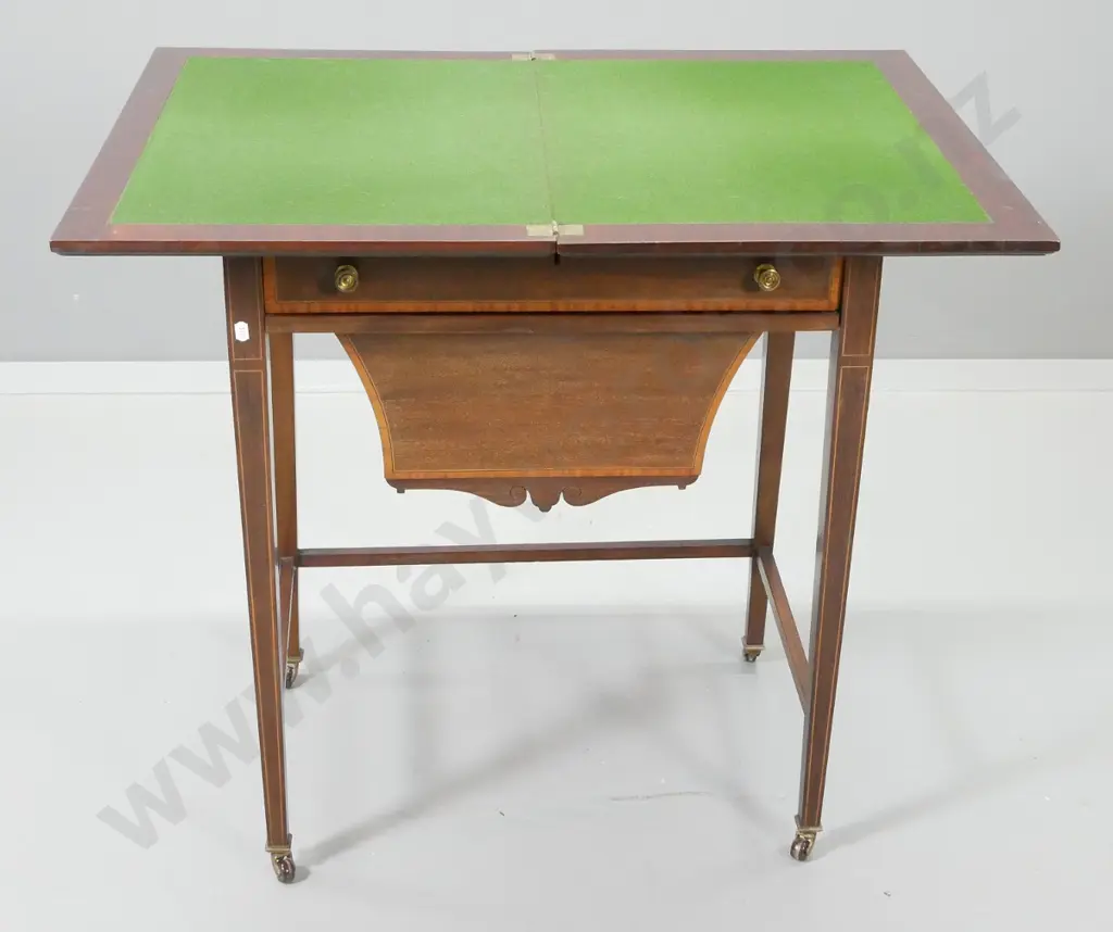 antique flip-top mahogany & banded inlay games table with drawer, baize lined top and slide-out storage bin H740 W610 Image 1++