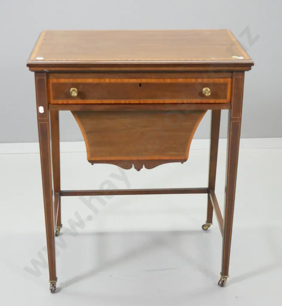 antique flip-top mahogany & banded inlay games table with drawer, baize lined top and slide-out storage bin H740 W610 Image 1++