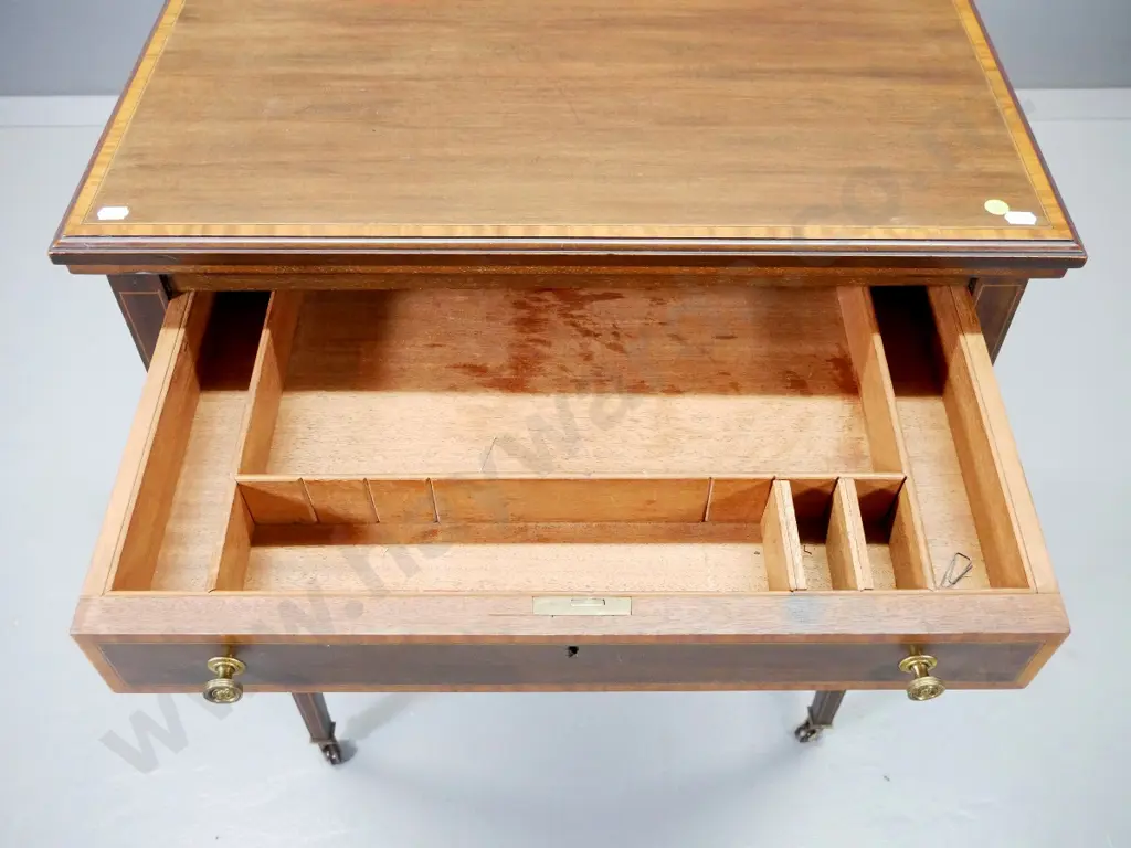 antique flip-top mahogany & banded inlay games table with drawer, baize lined top and slide-out storage bin H740 W610 Image 1++