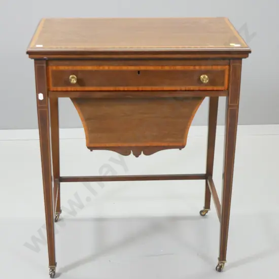 antique flip-top mahogany & banded inlay games table with drawer, baize lined top and slide-out storage bin H740 W610
