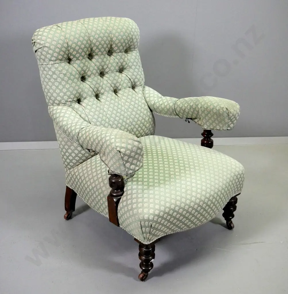 Victorian lounge chair with turned show-wood arms and legs, deep button back, green shell pattern damask Image 1++