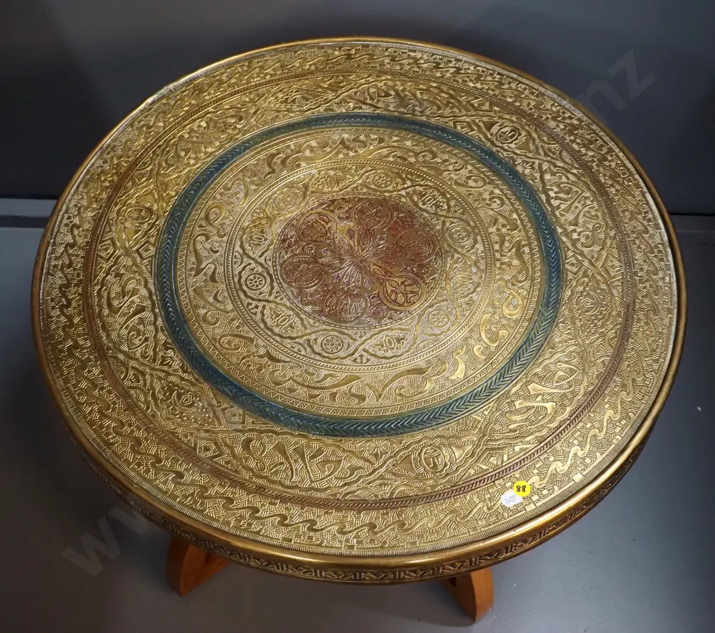 beaten brass round table on folding wooden base H-460 D-590 Image 1++