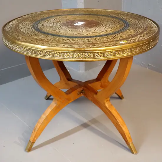 beaten brass round table on folding wooden base H-460 D-590