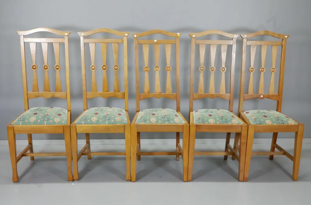 set of 5 deco dining chairs with tall slat backs, tapestry upholstered seats H-1110 W-430 D-430 Image 1++