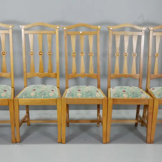 set of 5 deco dining chairs with tall slat backs, tapestry upholstered seats H-1110 W-430 D-430