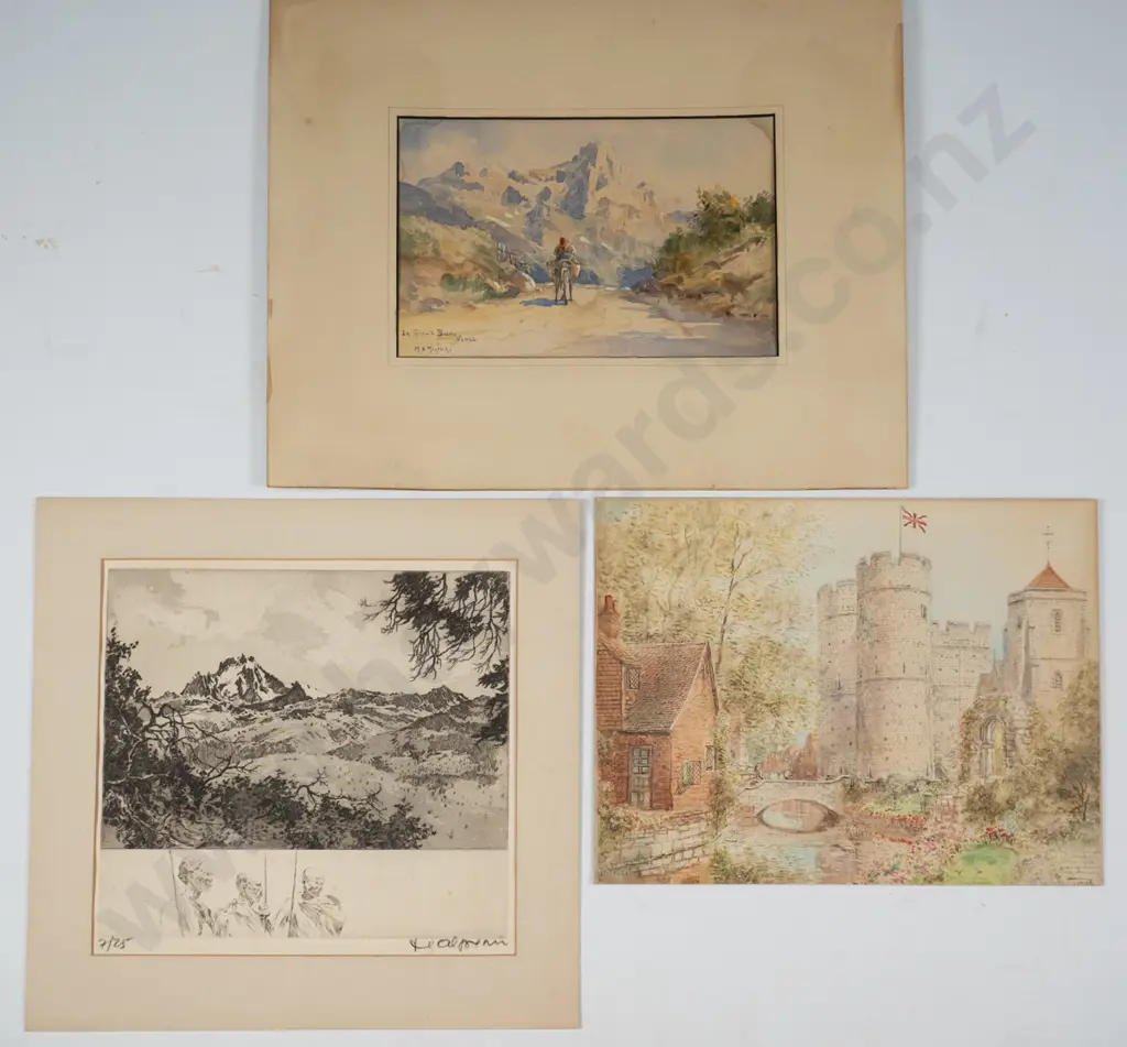3x unframed artworks - watercolour - castle, Halpern print (slight foxing), watercolour - Le Grand, Baou Image 1++