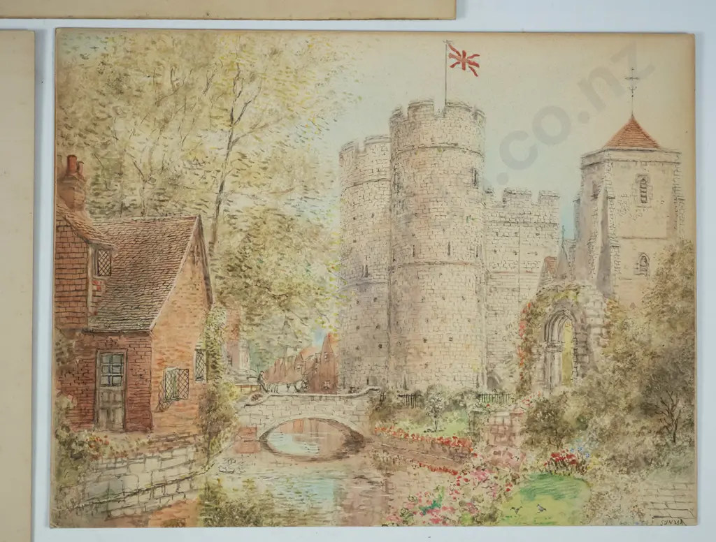 3x unframed artworks - watercolour - castle, Halpern print (slight foxing), watercolour - Le Grand, Baou Image 1++