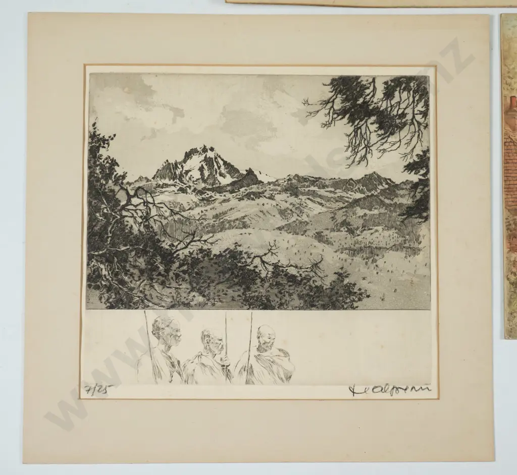 3x unframed artworks - watercolour - castle, Halpern print (slight foxing), watercolour - Le Grand, Baou Image 1++