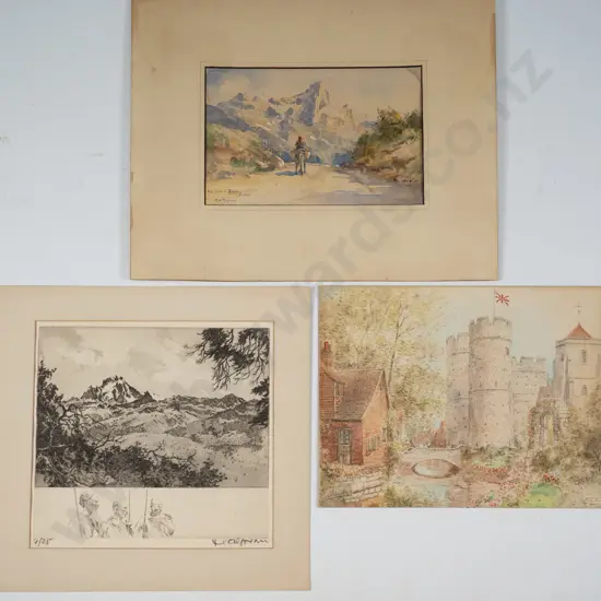 3x unframed artworks - watercolour - castle, Halpern print (slight foxing), watercolour - Le Grand, Baou