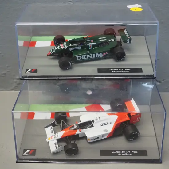 2 die-cast 1:43 scale Formula 1 racing cars - 1982 Michele Alboretto and 1988 Ayrton Senna