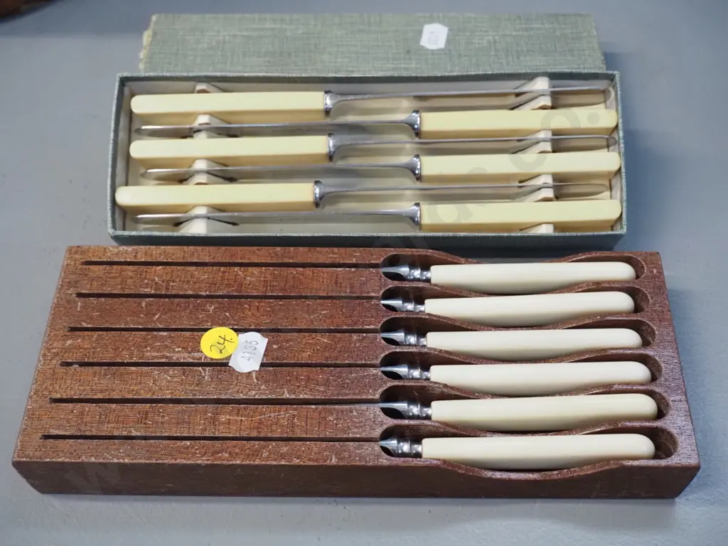 2 sets of 6 bone-handled knives - one in fitted wooden container Image 1++