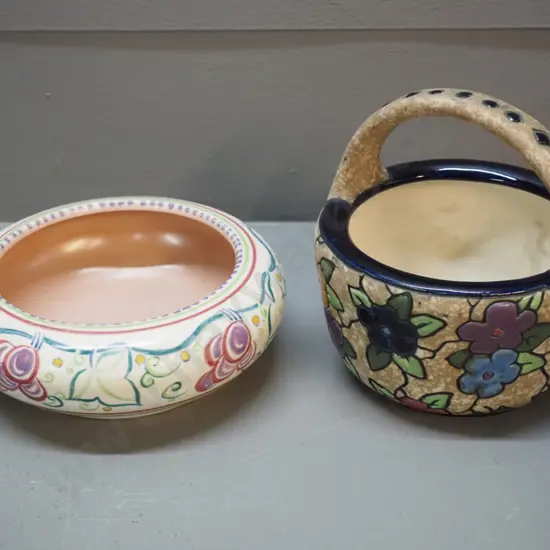 hand-painted Poole bowl D-140 and a small Amphora basket H-150 D-120