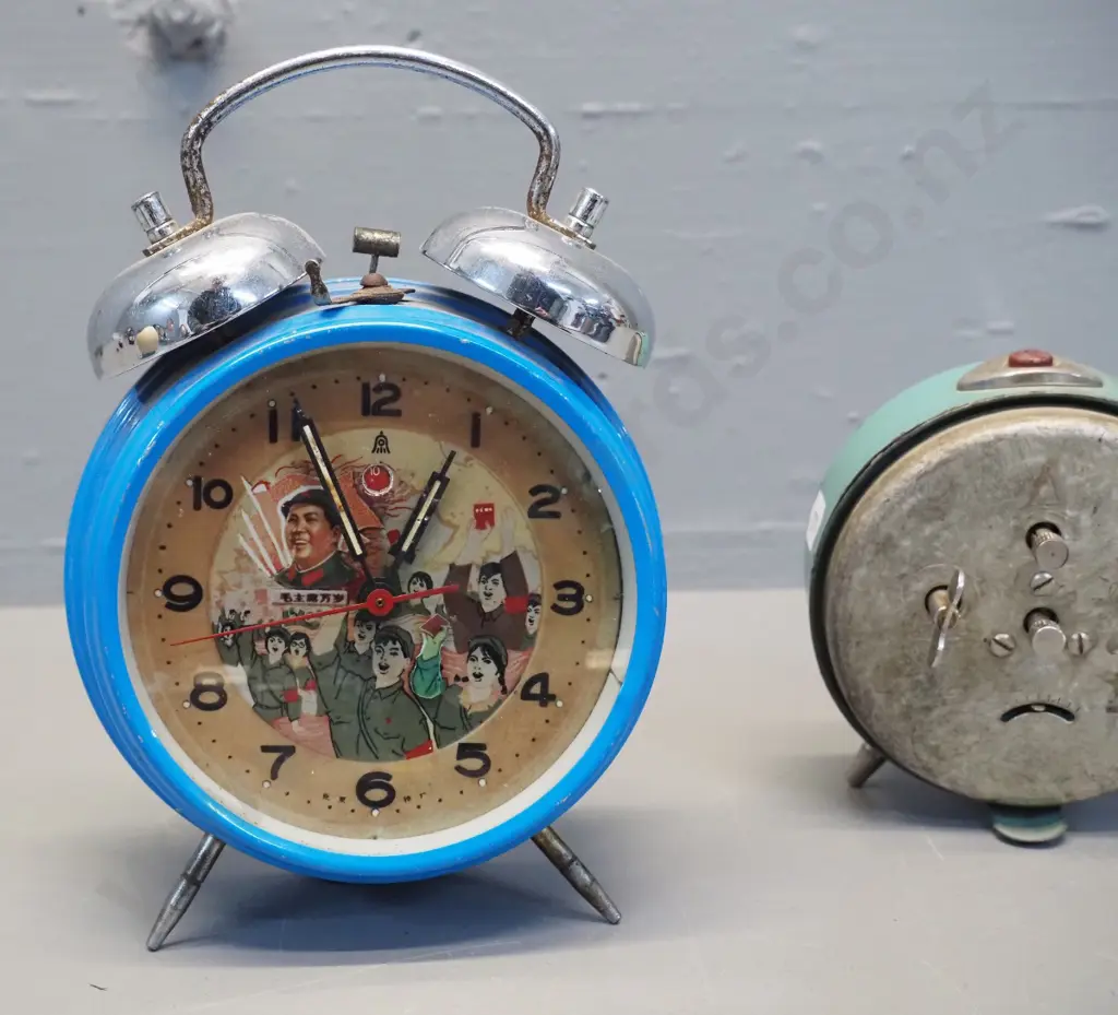 2 retro political themed wind-up alarm clocks - Stalin and Mao - working condition unknown, paint chips etc. Mao H-180 Image 1++