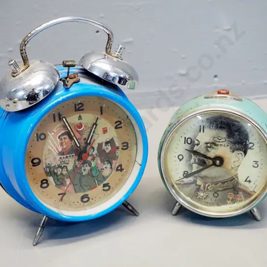 2 retro political themed wind-up alarm clocks - Stalin and Mao - working condition unknown, paint chips etc. Mao H-180