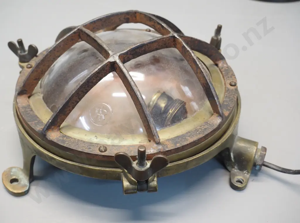 vintage cast brass cased light fitting with convex glass cover, cast iron grille - marked FR. Diameter 260 D-120 Image 1++