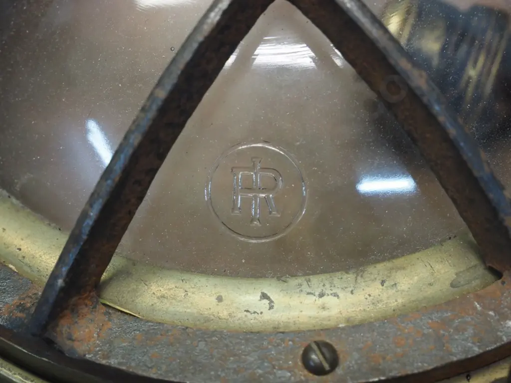 vintage cast brass cased light fitting with convex glass cover, cast iron grille - marked FR. Diameter 260 D-120 Image 1++