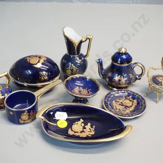 9 Limoges cobalt glaze small ornaments and dishes - jug, 2 teapots, etc.