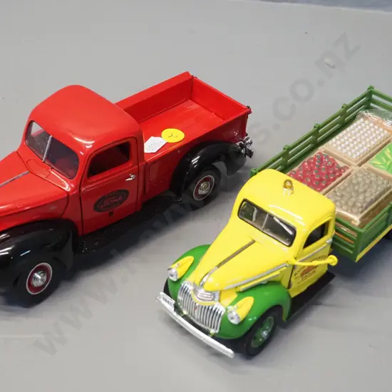 die-cast model Franklin Mint Ford pickup and a plastic with die-cast cab farm truck, no maker's marks L-220