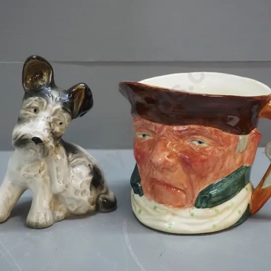 Lancaster Sandland Highwayman character jug H-130 W-180 and a porcelain terrier dog figure