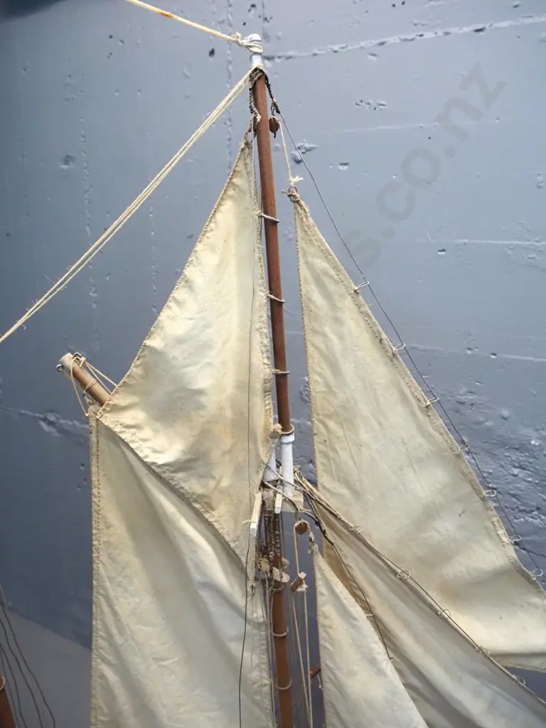 painted timber model sailing ship / schooner with rigging & calico sails on timber base, age stains to sails H1150 L1200 Image 1++