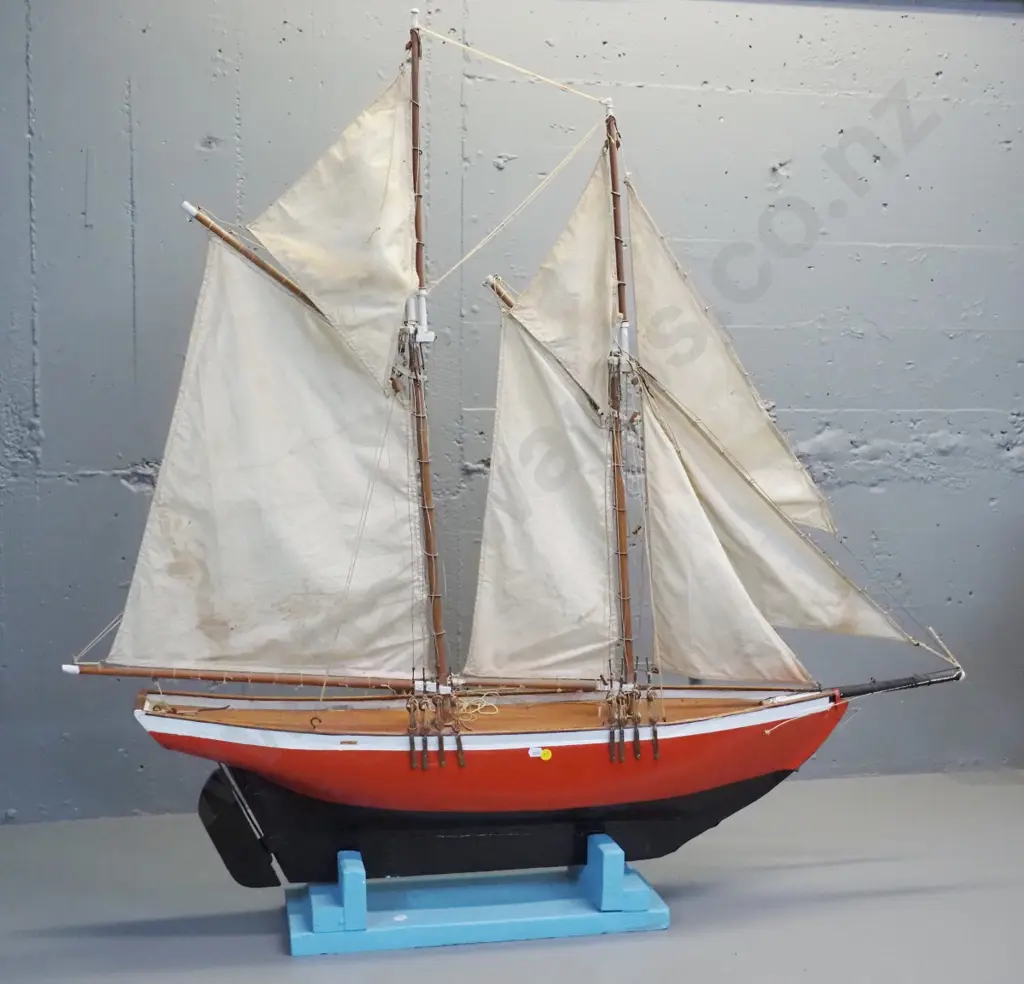 painted timber model sailing ship / schooner with rigging & calico sails on timber base, age stains to sails H1150 L1200 Image 1++