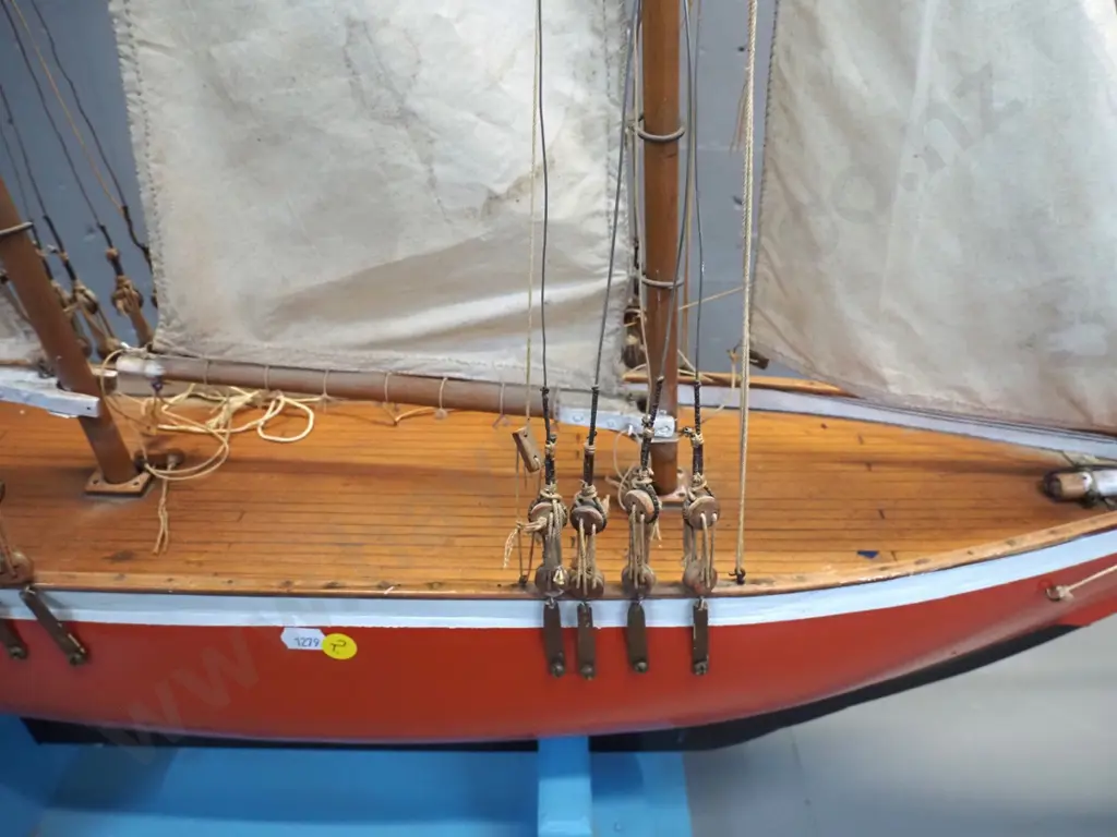 painted timber model sailing ship / schooner with rigging & calico sails on timber base, age stains to sails H1150 L1200 Image 1++
