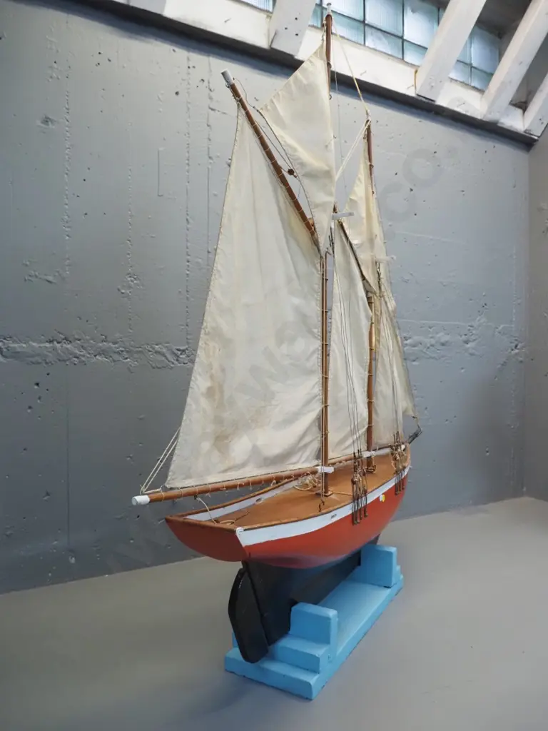 painted timber model sailing ship / schooner with rigging & calico sails on timber base, age stains to sails H1150 L1200 Image 1++