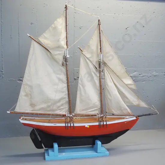 painted timber model sailing ship / schooner with rigging & calico sails on timber base, age stains to sails H1150 L1200