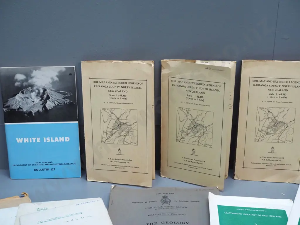 assorted New Zealand geological maps, White Island booklet, etc. Image 1++