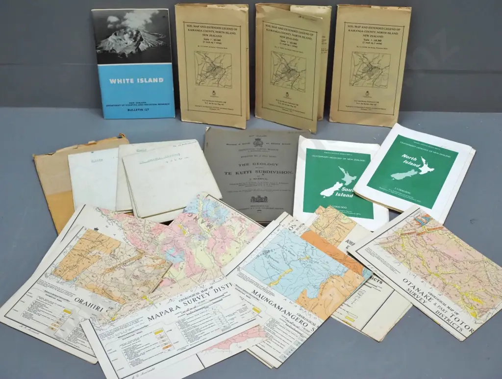 assorted New Zealand geological maps, White Island booklet, etc. Image 1++