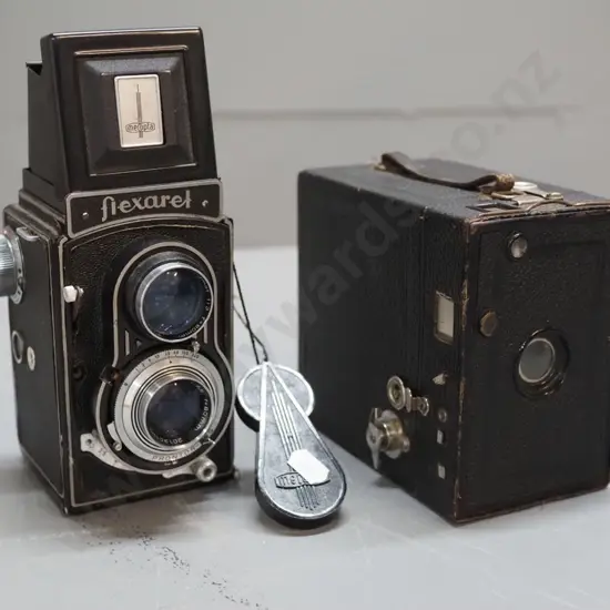 Meopta Flexaret twin-lens reflex camera and a Kodak box camera - both with age wear, minor corrosion etc.