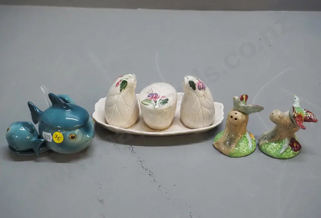 3 condiment sets - Goebels fish, and 2 English - fuschia pattern and bird salt & pepper Image 1++
