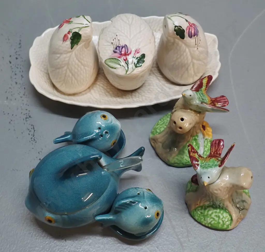 3 condiment sets - Goebels fish, and 2 English - fuschia pattern and bird salt & pepper Image 1++