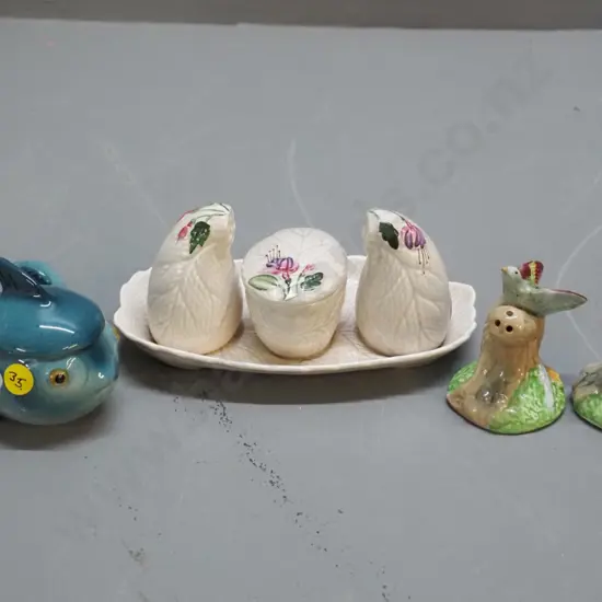 3 condiment sets - Goebels fish, and 2 English - fuschia pattern and bird salt & pepper